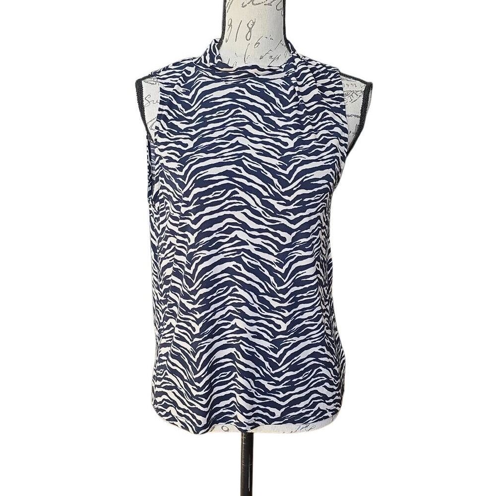 Beacon & Apparel Women's Size Large Navy Cream Tiger Stripe Sleeveless Blouse